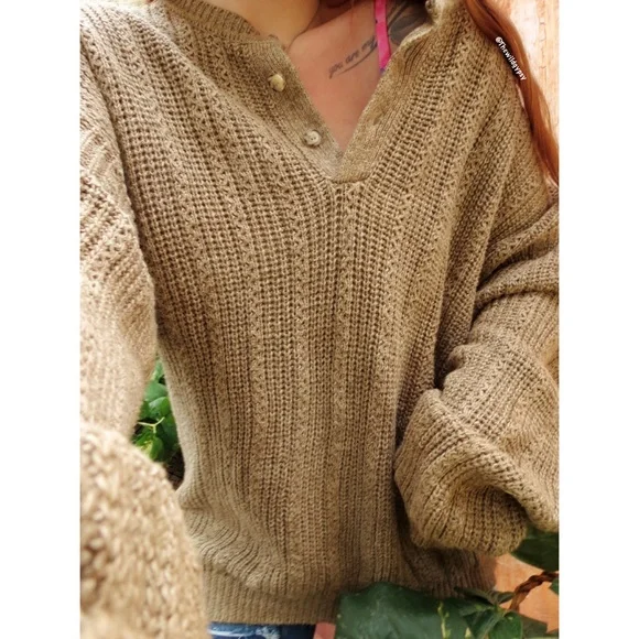 Vintage mocha brown chunky henley knit sweater ☕️ - Picture 3 of 8